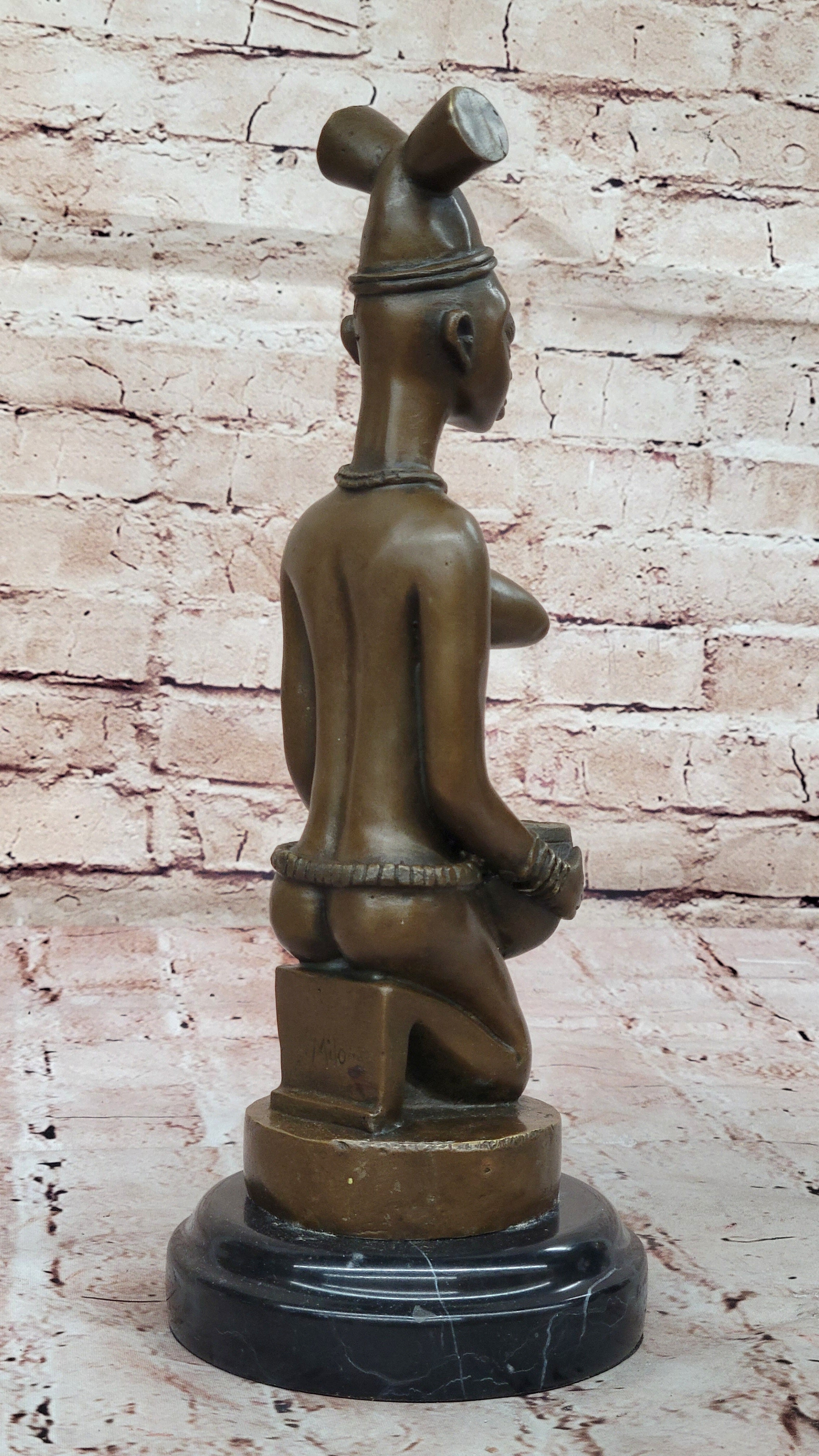 African Tribal Bronze Sculpture – Nude Kneeling Woman Figurine with Pot - Signed Milo