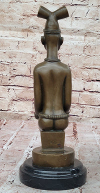 African Tribal Bronze Sculpture – Nude Kneeling Woman Figurine with Pot - Signed Milo