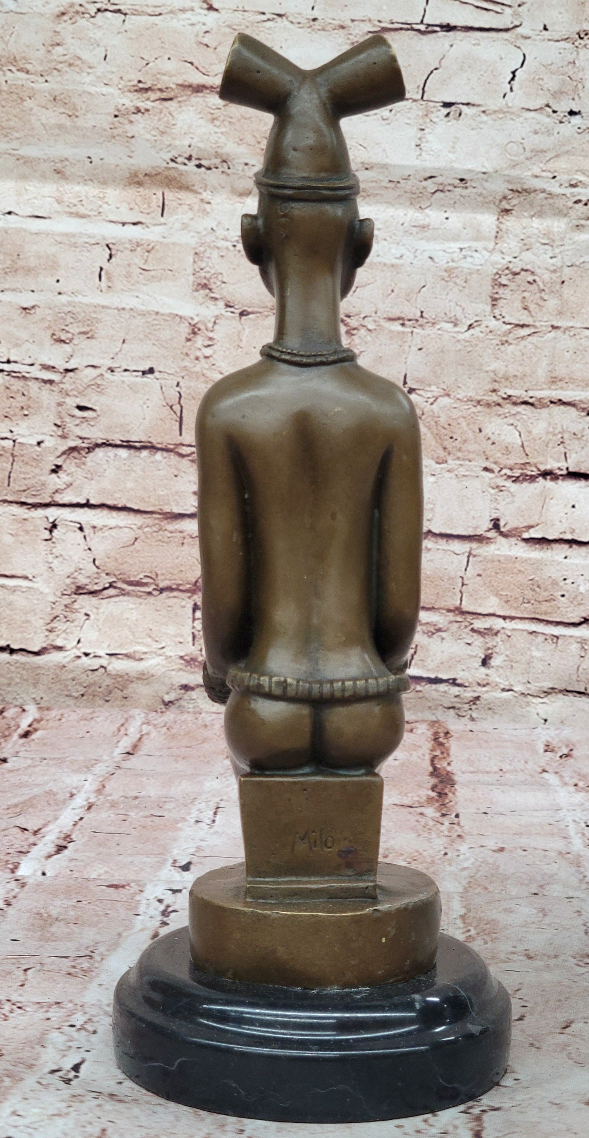 African Tribal Bronze Sculpture – Nude Kneeling Woman Figurine with Pot - Signed Milo