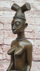 African Tribal Bronze Sculpture – Nude Kneeling Woman Figurine with Pot - Signed Milo