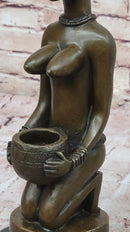 African Tribal Bronze Sculpture – Nude Kneeling Woman Figurine with Pot - Signed Milo