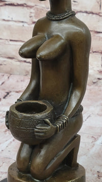 African Tribal Bronze Sculpture – Nude Kneeling Woman Figurine with Pot - Signed Milo