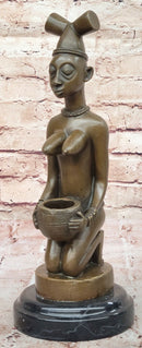 African Tribal Bronze Sculpture – Nude Kneeling Woman Figurine with Pot - Signed Milo