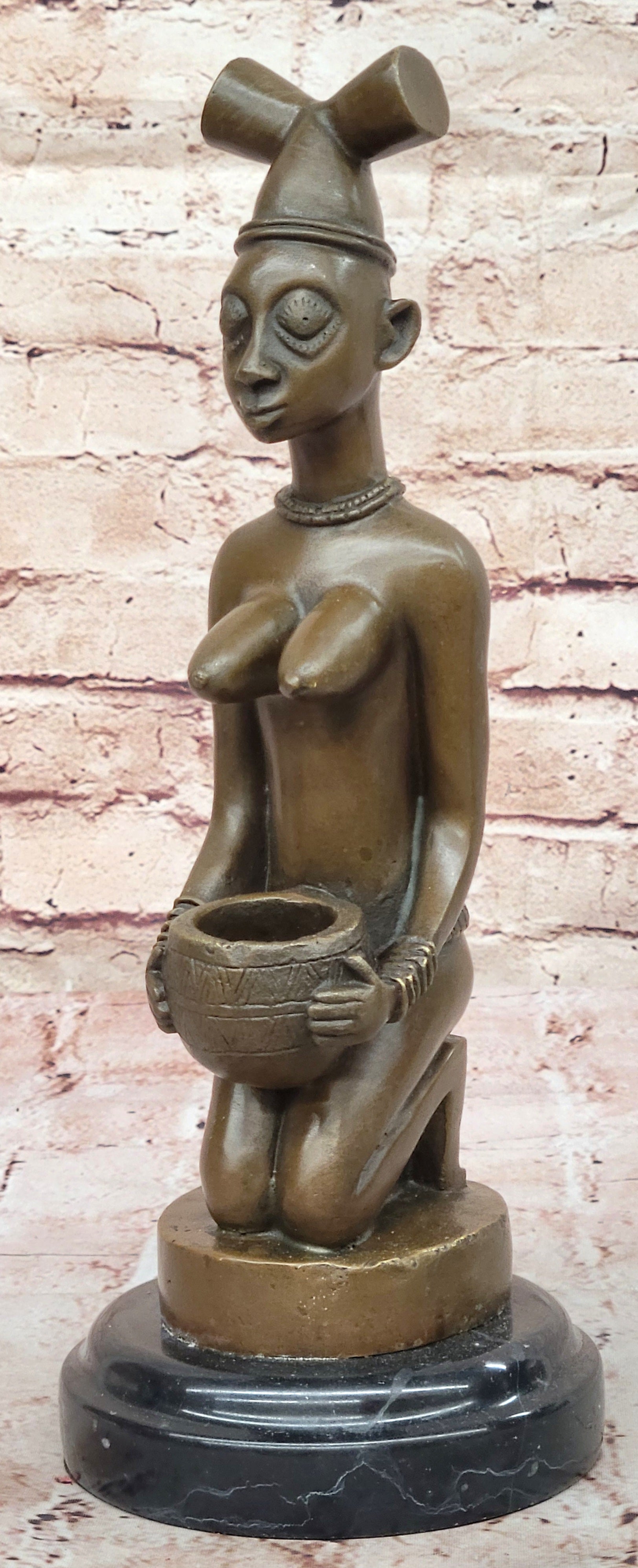 African Tribal Bronze Sculpture – Nude Kneeling Woman Figurine with Pot - Signed Milo