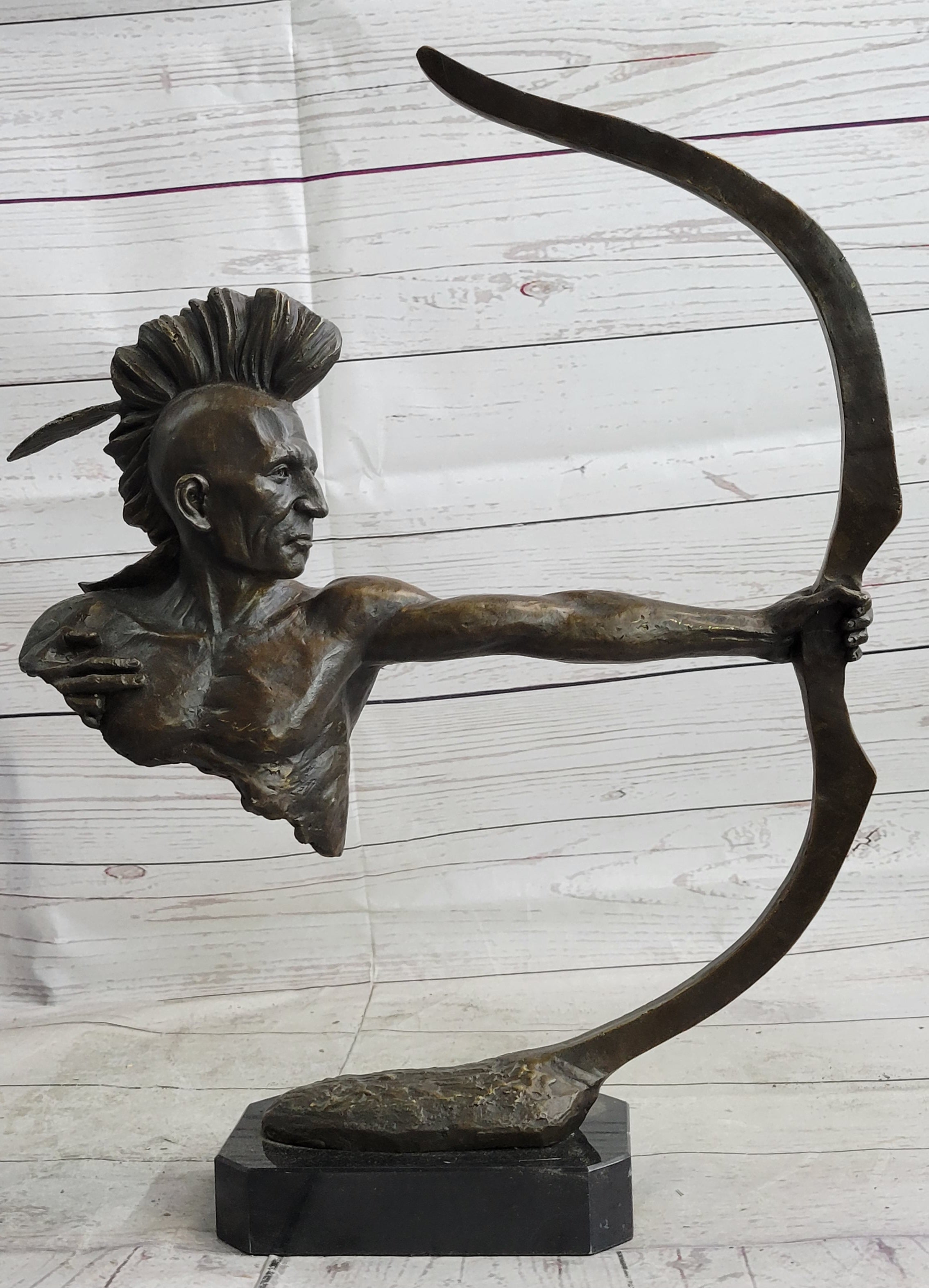 Native American Mohawk Archer Bow Bronze Sculpture 17"