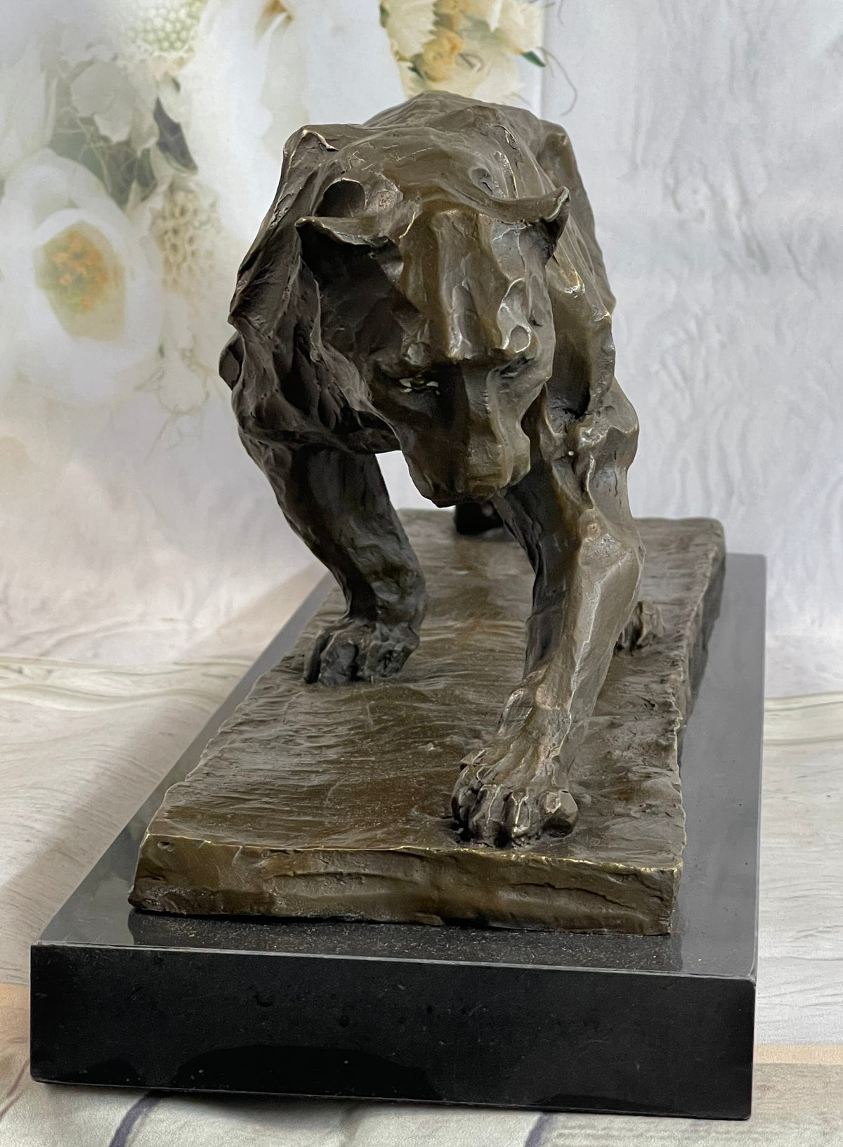 African Lioness Bronze Marble Figure Art