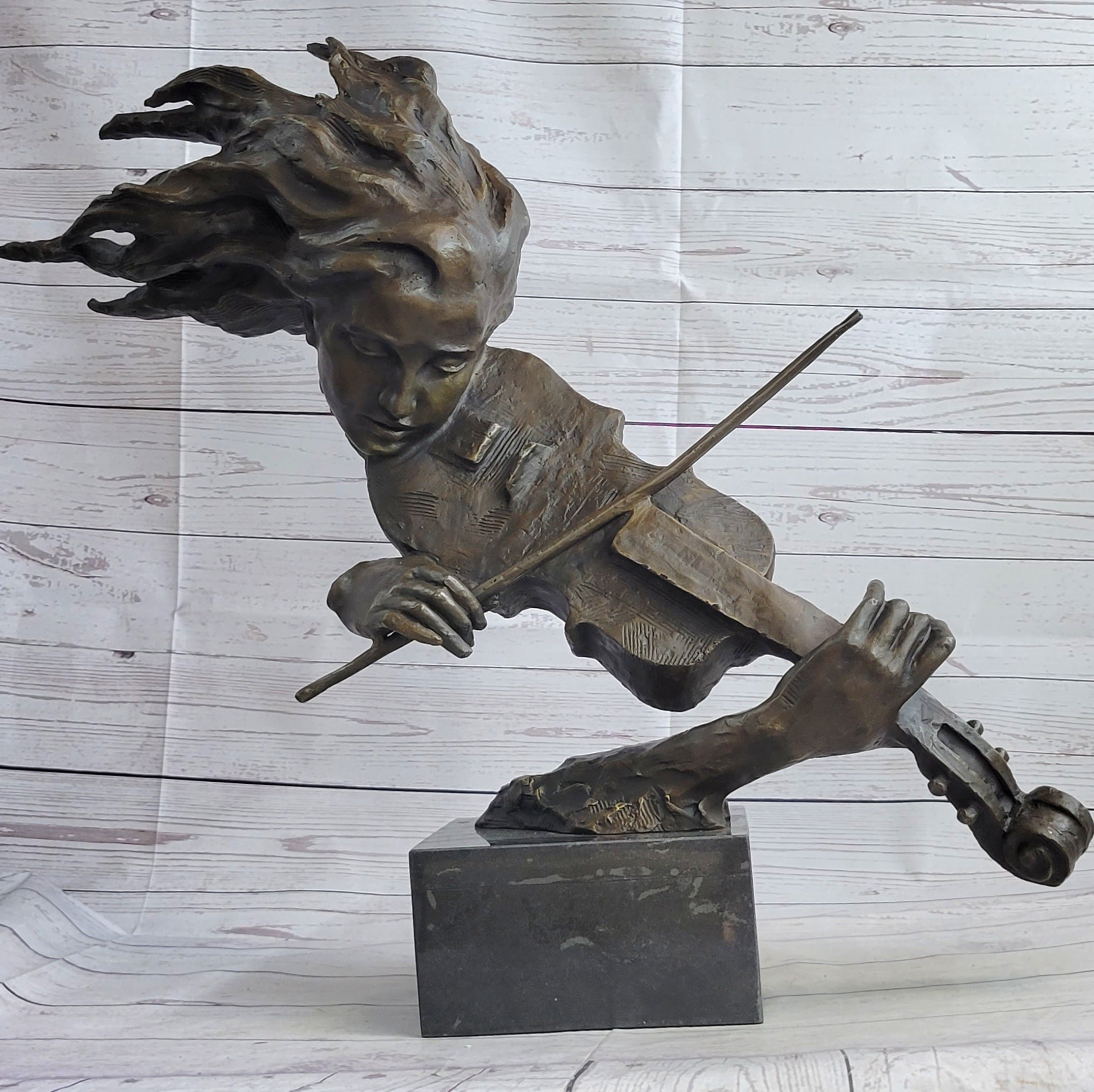 Abstract Modern Art Female Violin Player Bronze Marble Sculpture