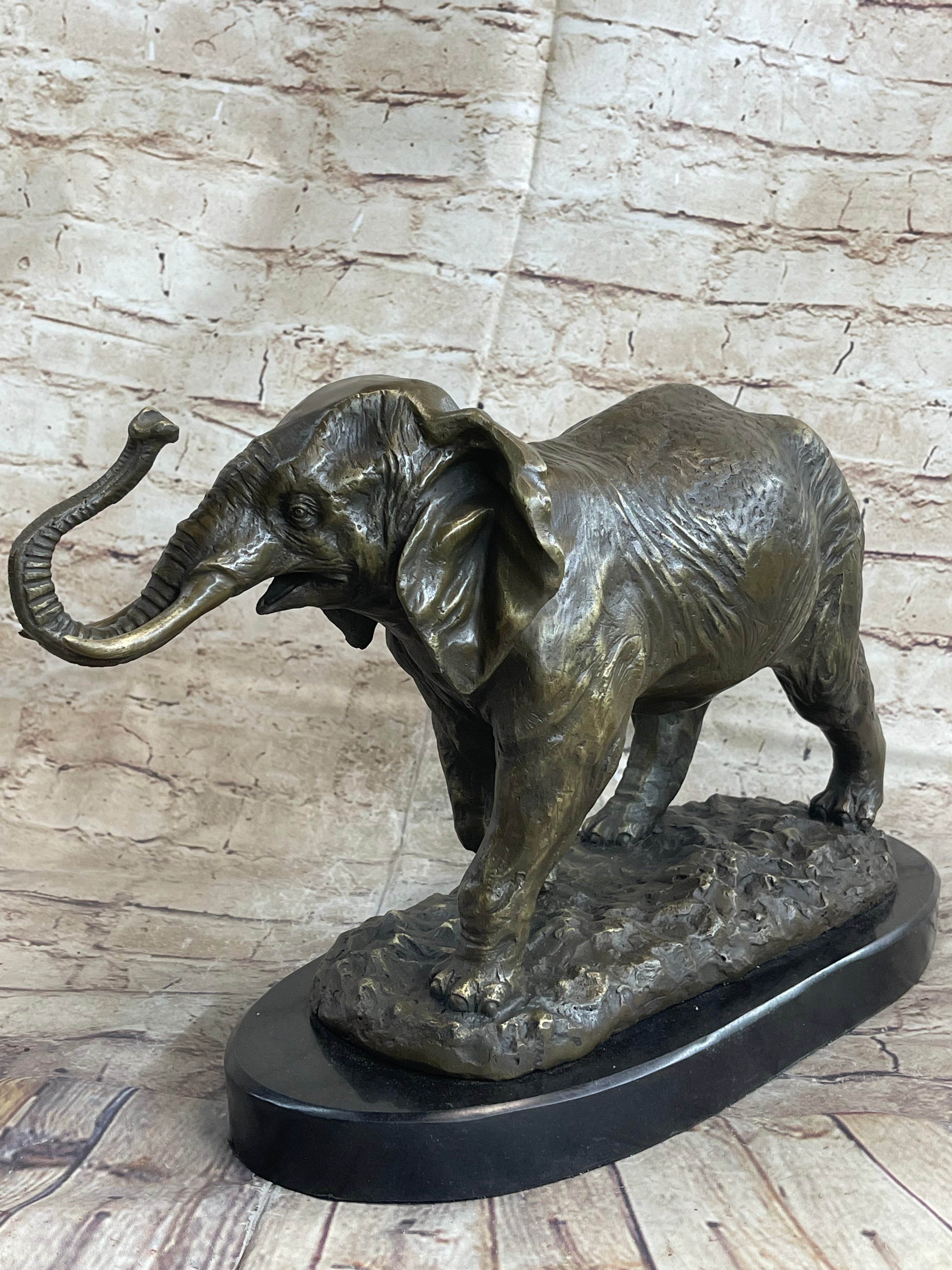 Cast Bronze Marble Elephant Safari Art Figure