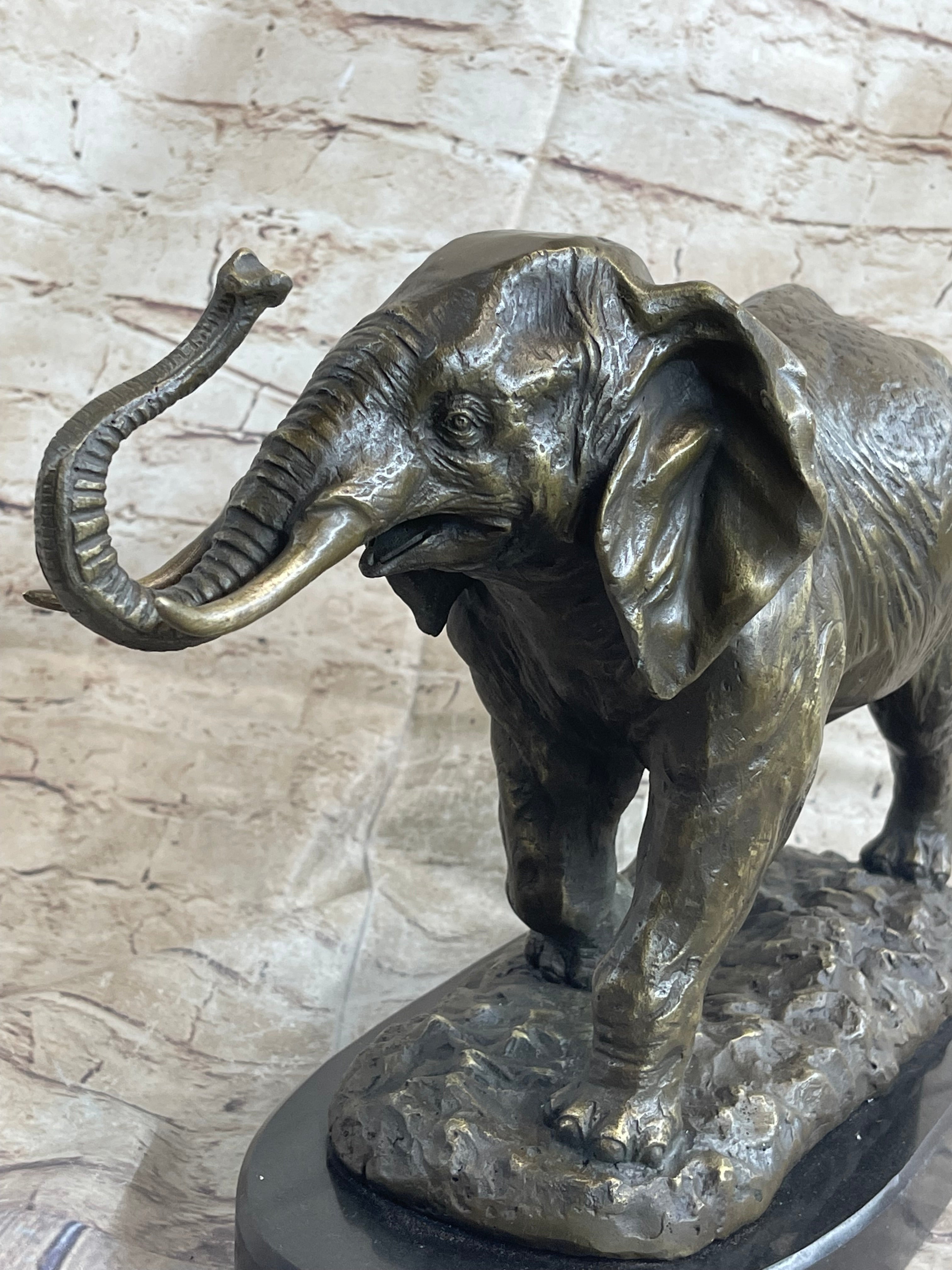 Cast Bronze Marble Elephant Safari Art Figure