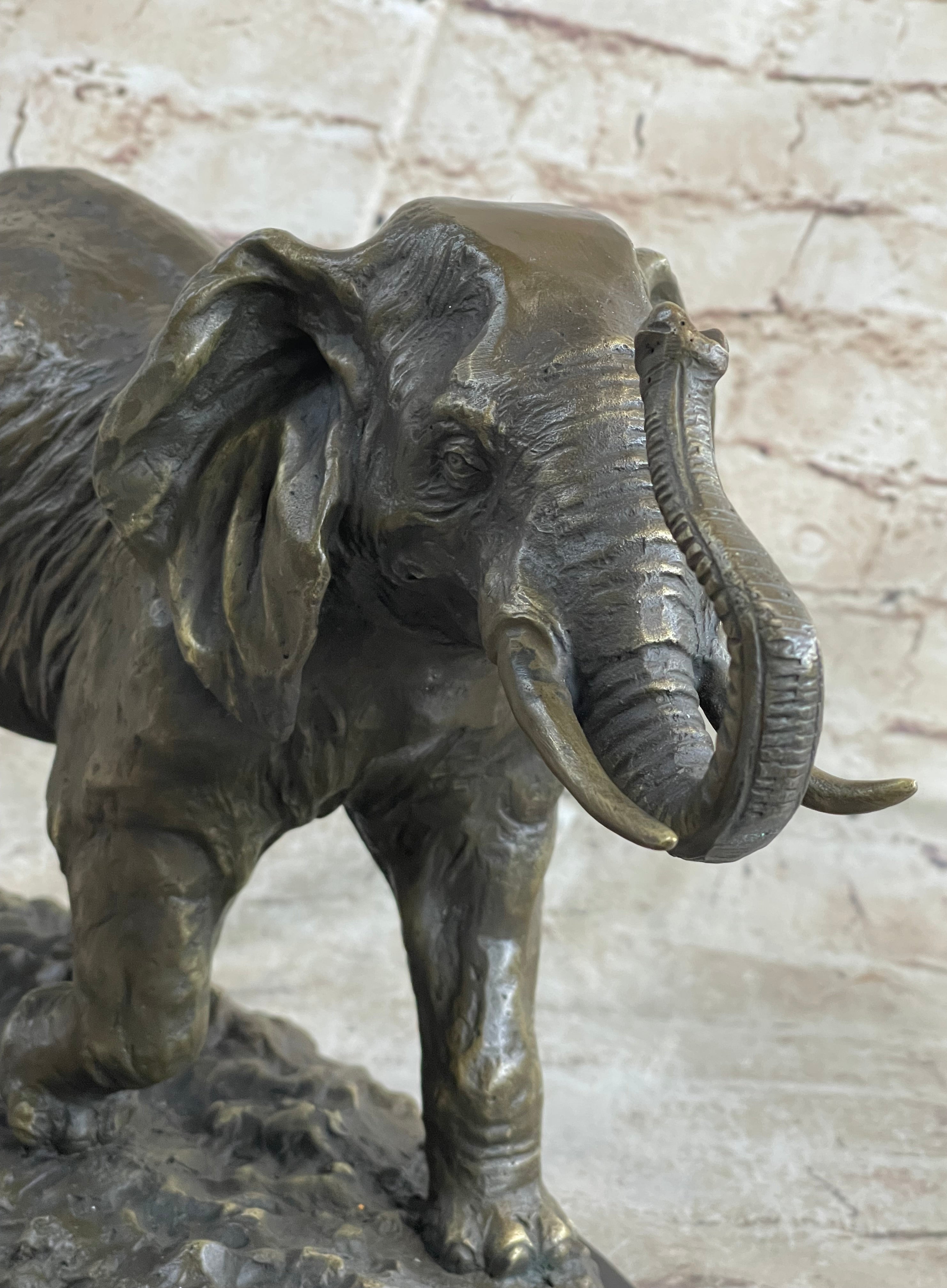 Cast Bronze Marble Elephant Safari Art Figure