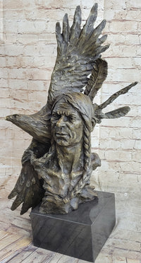 Native American Indian Man and Eagle - Bronze Bust by Milo