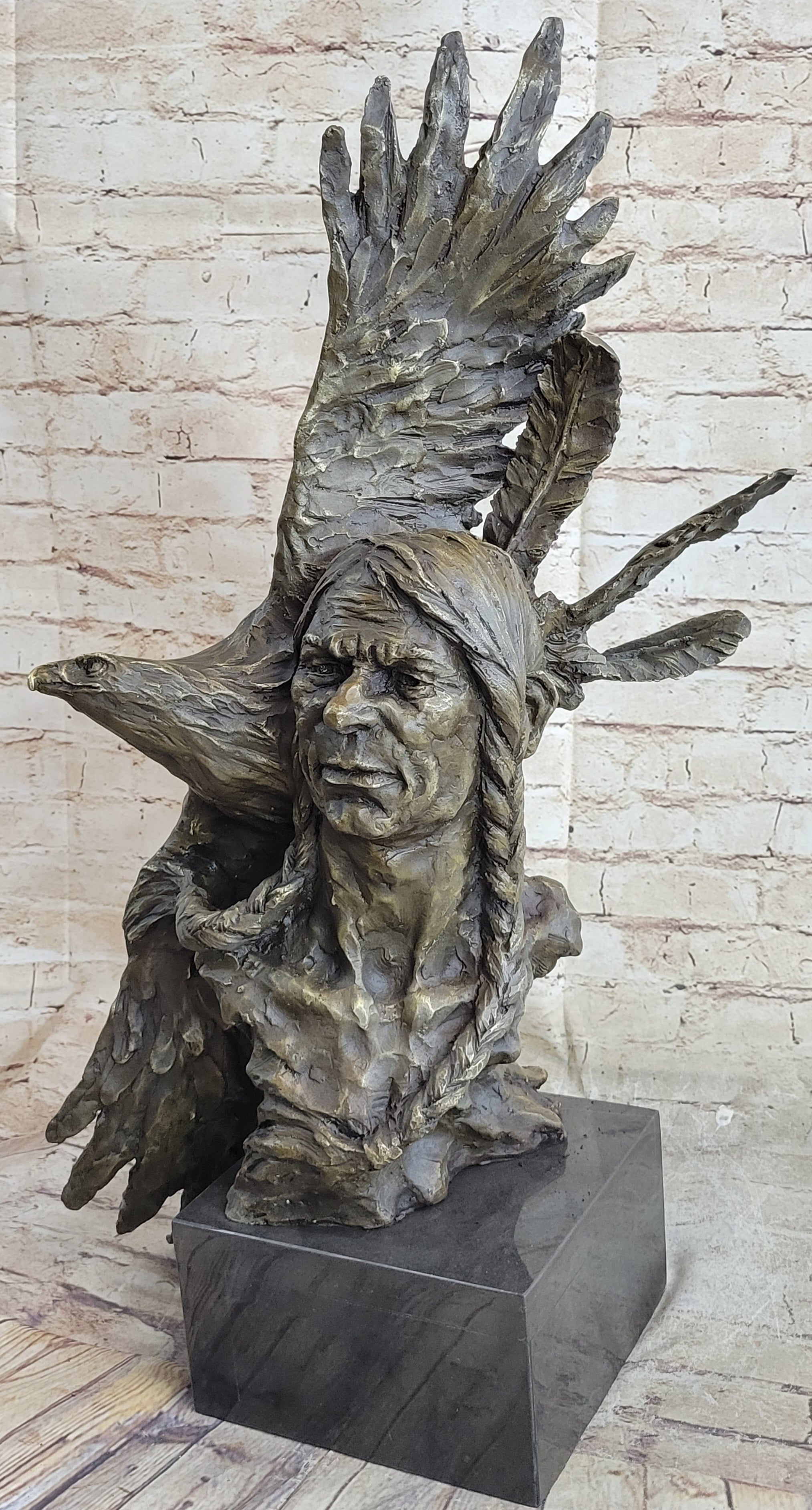 Native American Indian Man and Eagle - Bronze Bust by Milo
