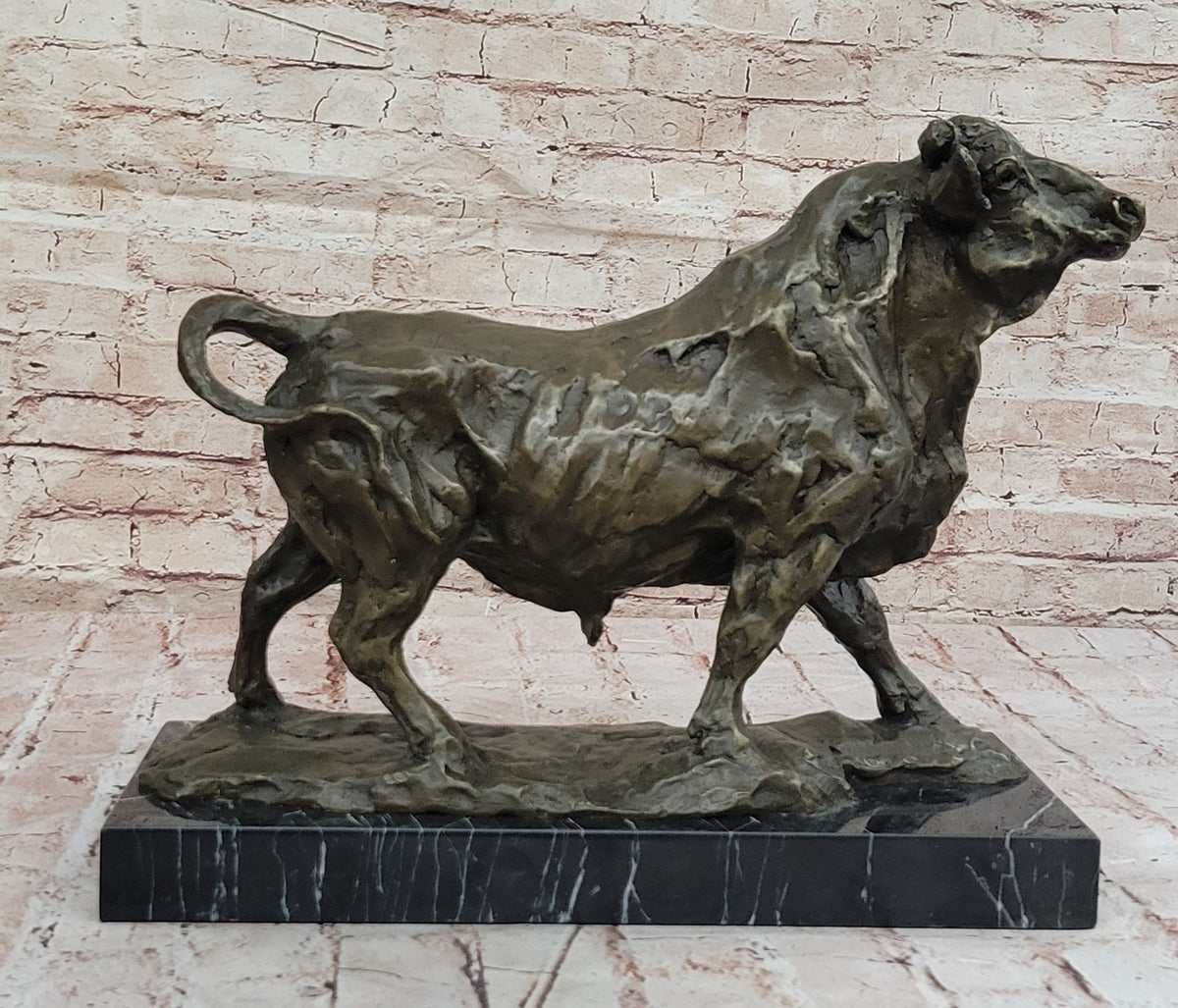Bronze Charging Bull Sculpture on Marble Base - Strength & Power