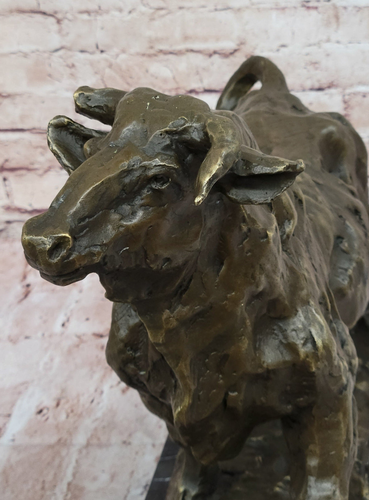 Bronze Charging Bull Sculpture on Marble Base - Strength & Power