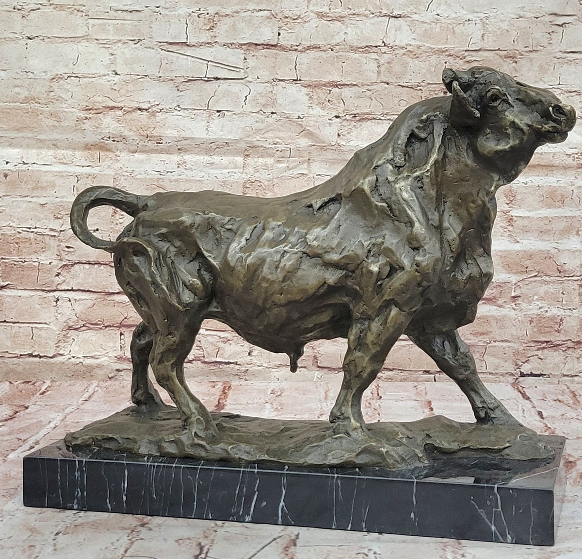 Bronze Charging Bull Sculpture on Marble Base - Strength & Power