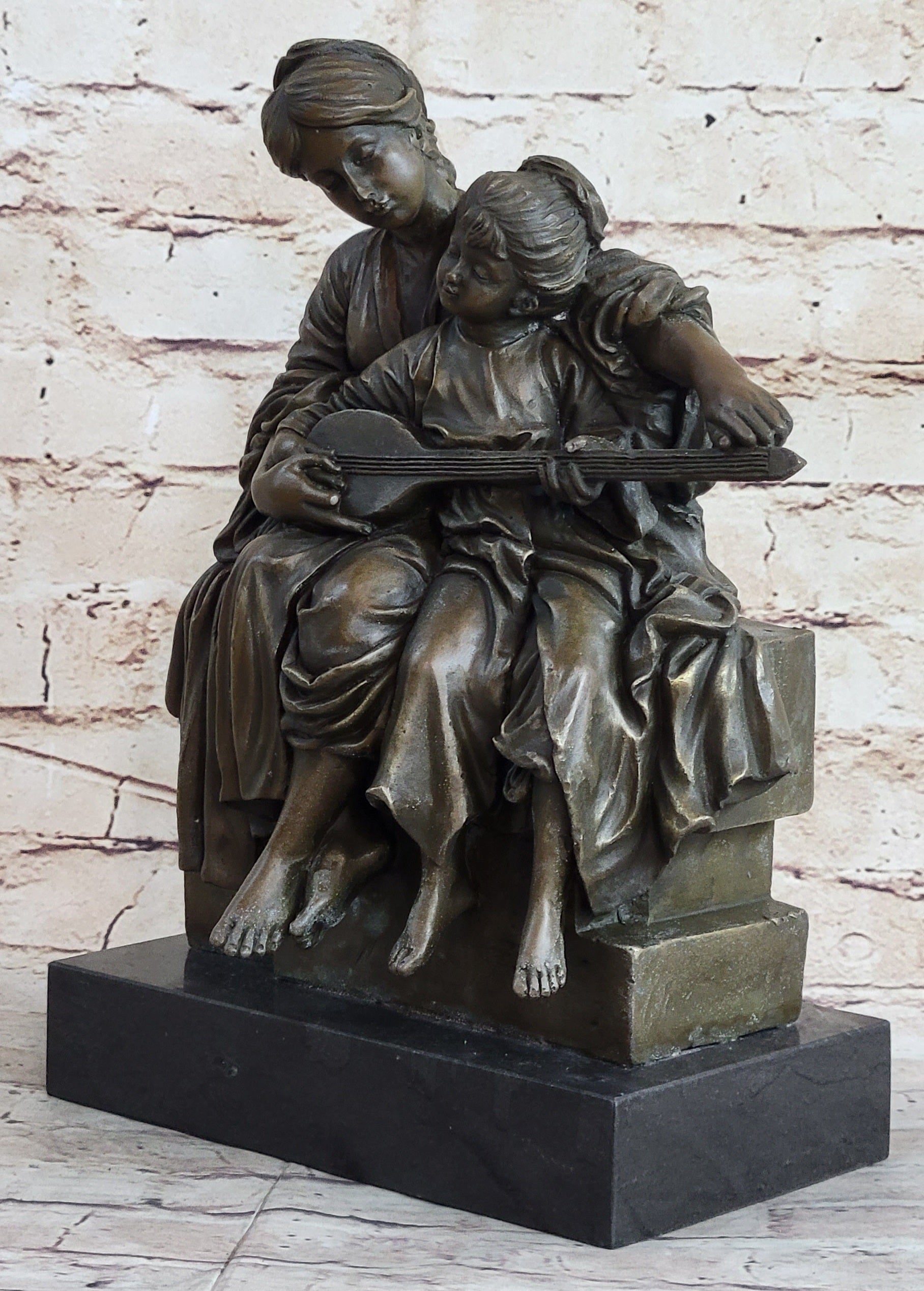 Mother & Daughter Playing Guitar Bronze Sculpture Vintage Art
