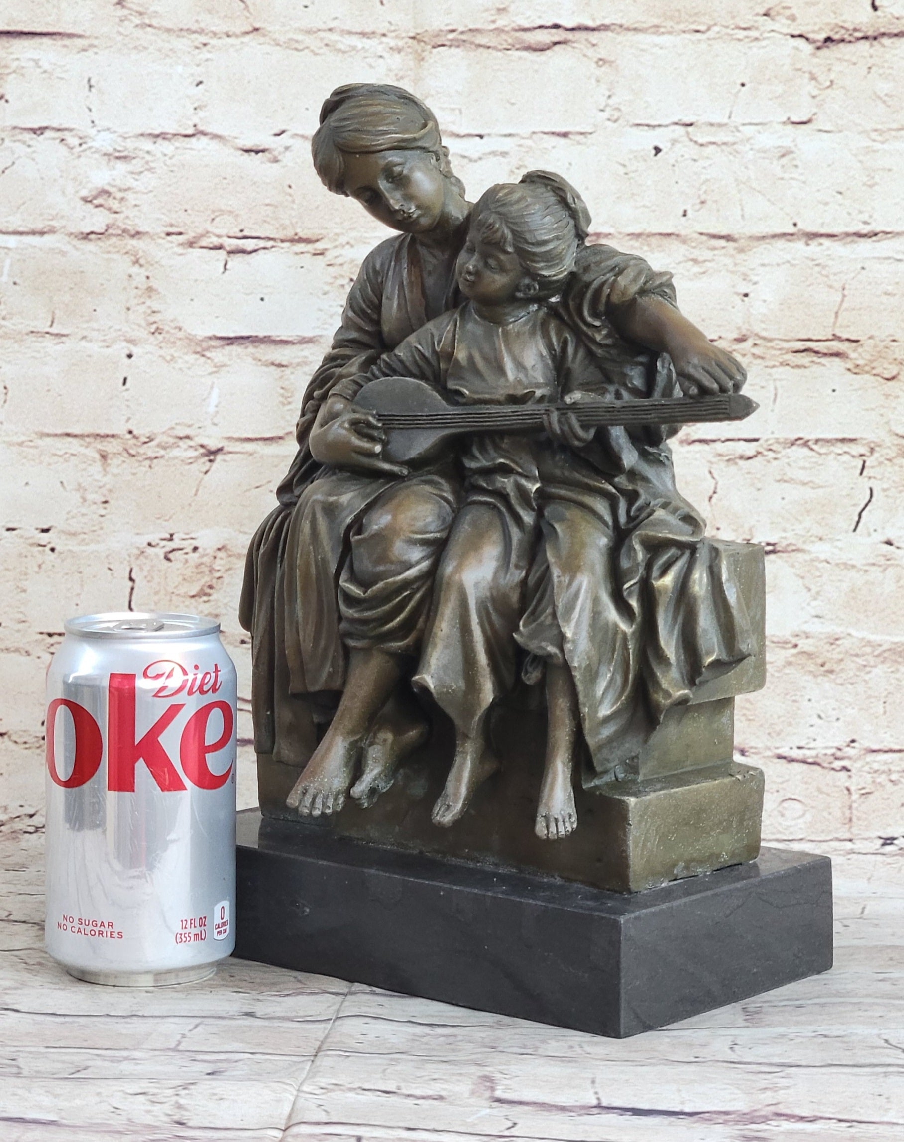Mother & Daughter Playing Guitar Bronze Sculpture Vintage Art