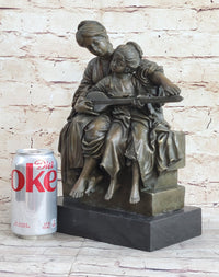 Mother & Daughter Playing Guitar Bronze Sculpture Vintage Art