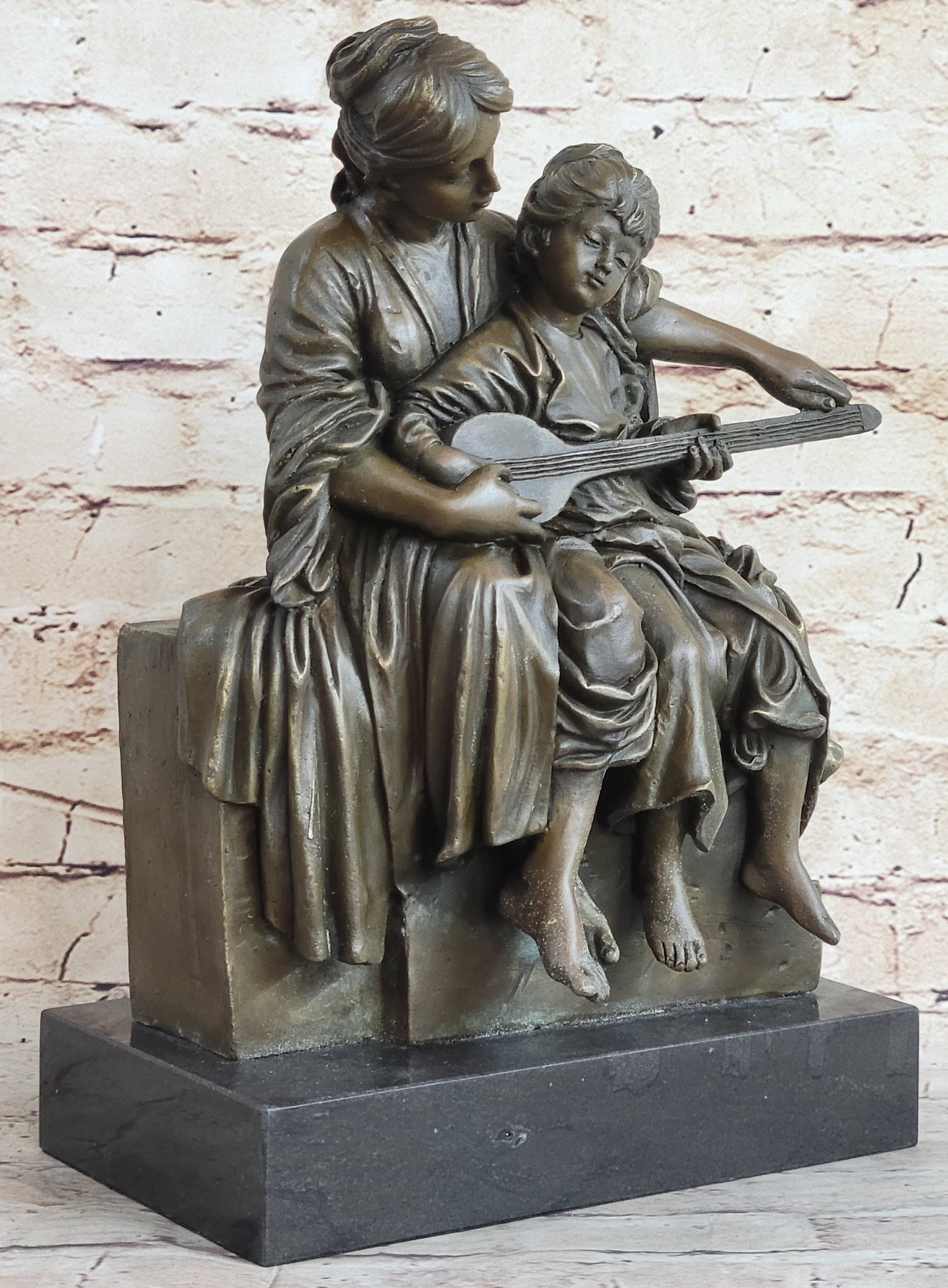 Mother & Daughter Playing Guitar Bronze Sculpture Vintage Art