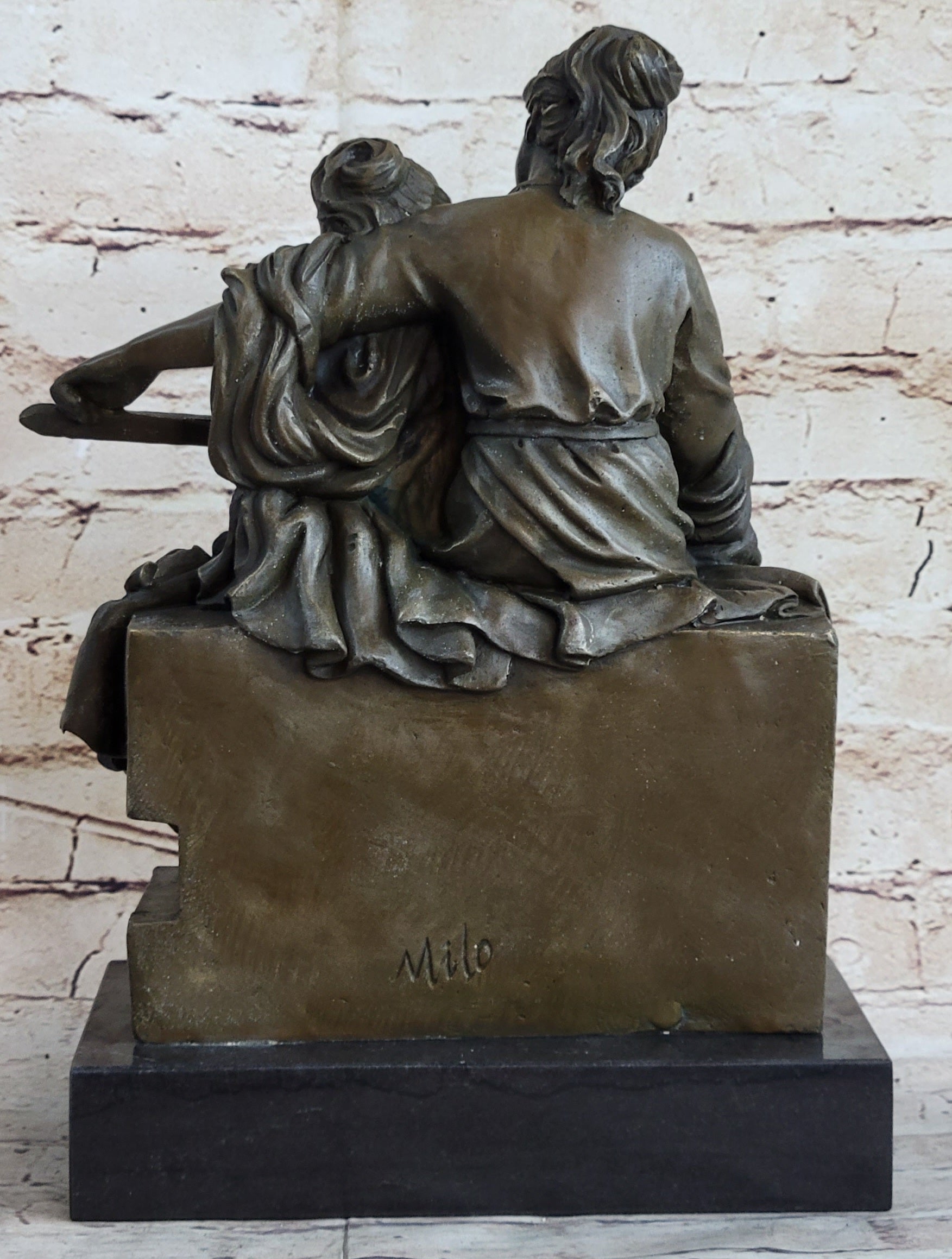 Mother & Daughter Playing Guitar Bronze Sculpture Vintage Art