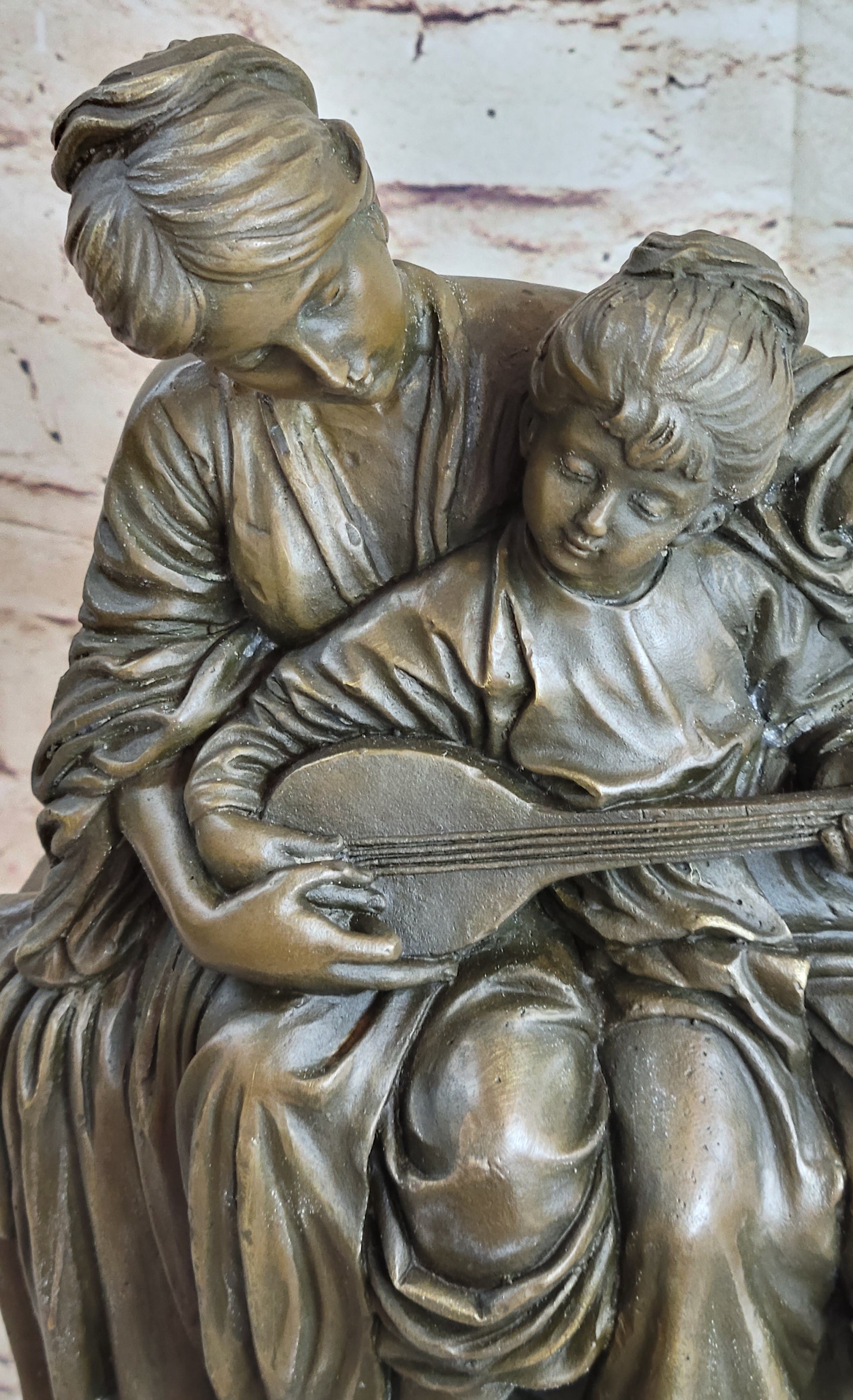 Mother & Daughter Playing Guitar Bronze Sculpture Vintage Art