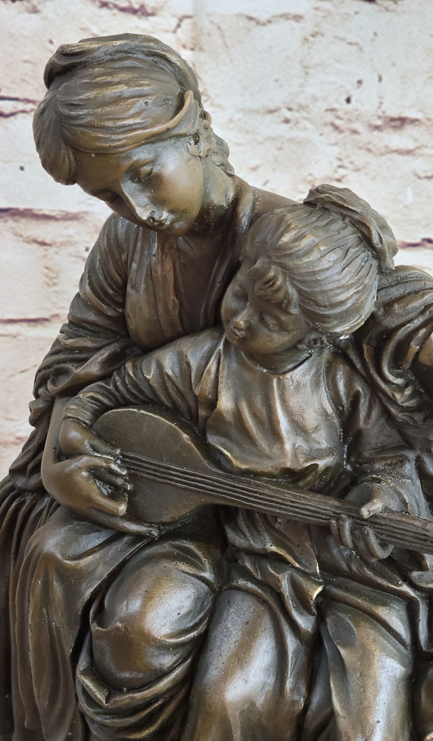 Mother & Daughter Playing Guitar Bronze Sculpture Vintage Art