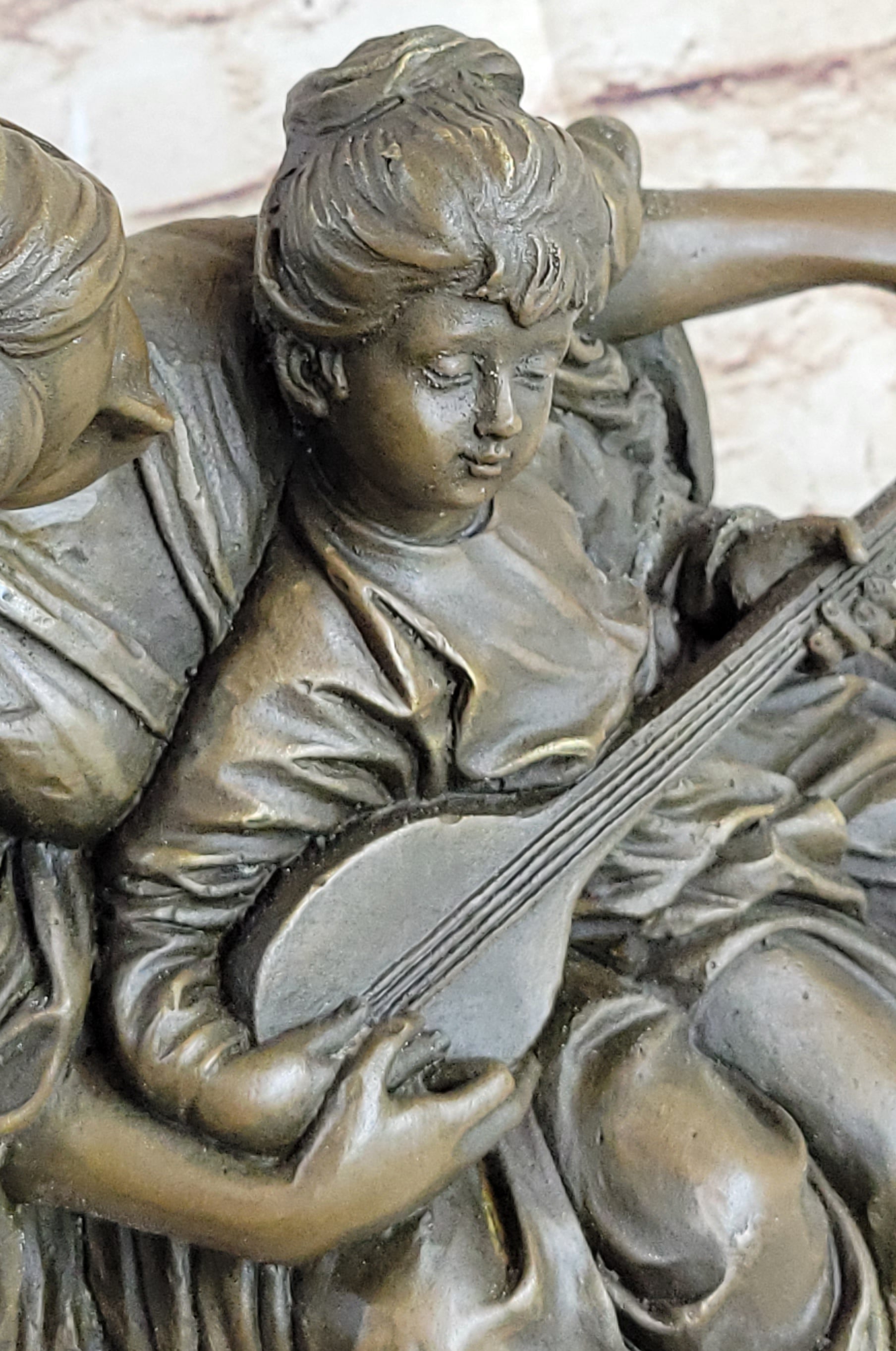 Mother & Daughter Playing Guitar Bronze Sculpture Vintage Art