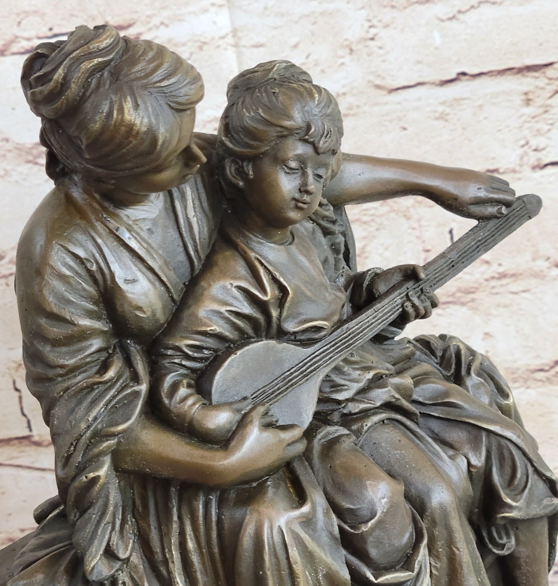 Mother & Daughter Playing Guitar Bronze Sculpture Vintage Art
