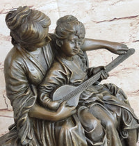 Mother & Daughter Playing Guitar Bronze Sculpture Vintage Art