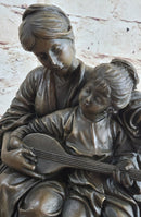 Mother & Daughter Playing Guitar Bronze Sculpture Vintage Art