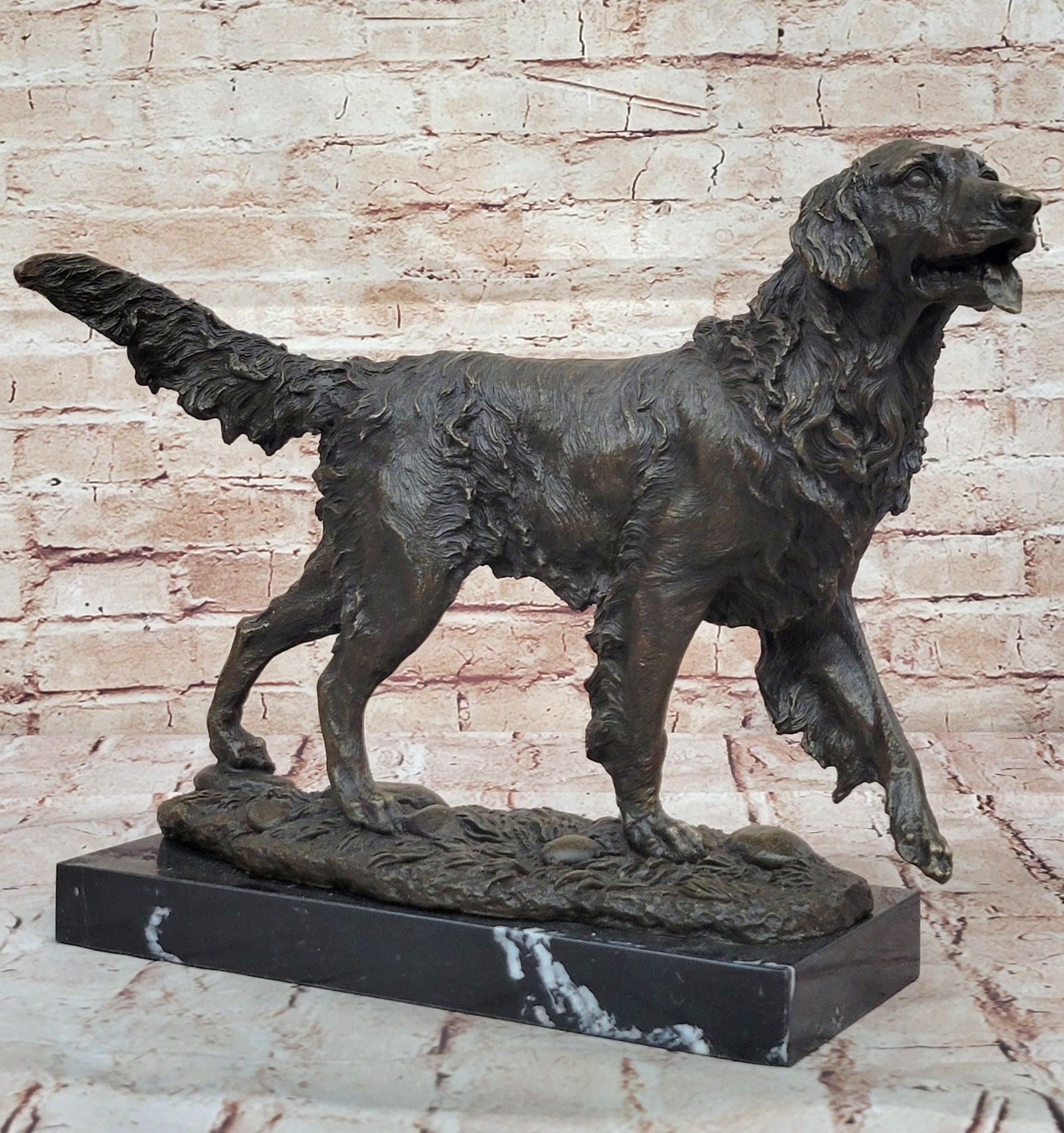 Golden Retriever Bronze Sculpture on Marble Base Signed Art
