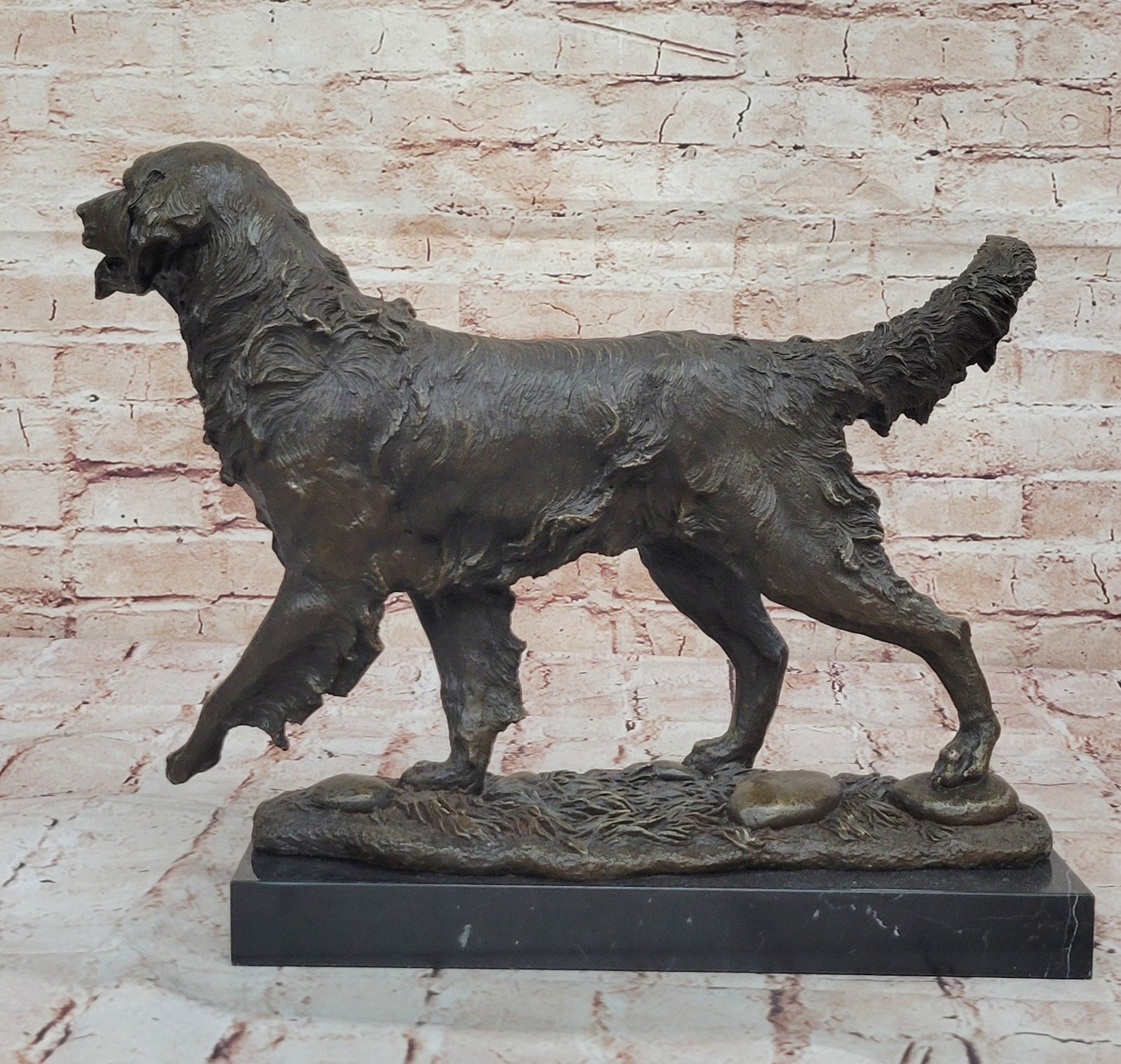 Golden Retriever Bronze Sculpture on Marble Base Signed Art