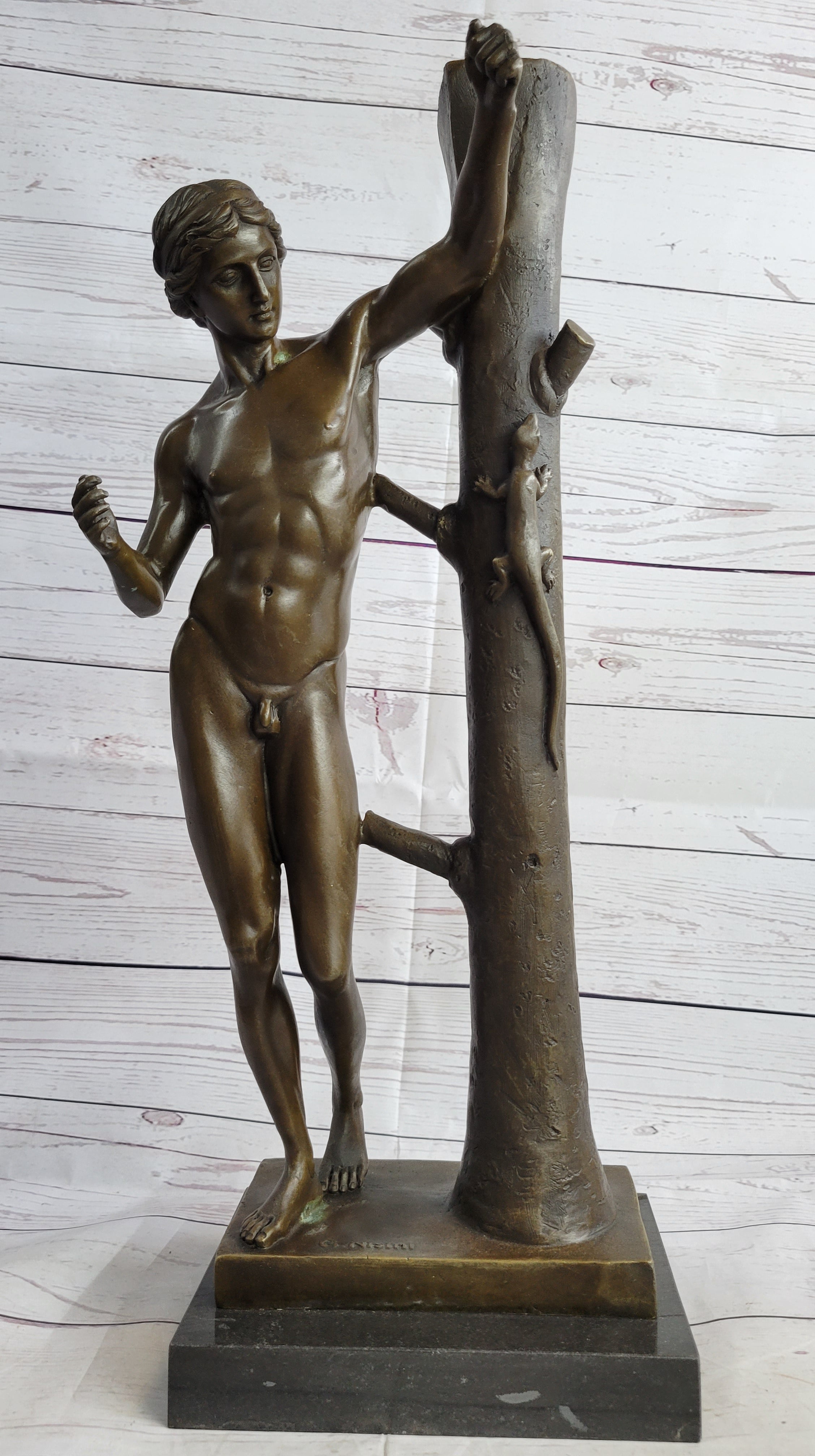 Nude Man Male Leaning Against Tree Bronze Statue Sculpture after Nisini 21" x 9"