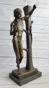 Nude Man Male Leaning Against Tree Bronze Statue Sculpture after Nisini 21" x 9"
