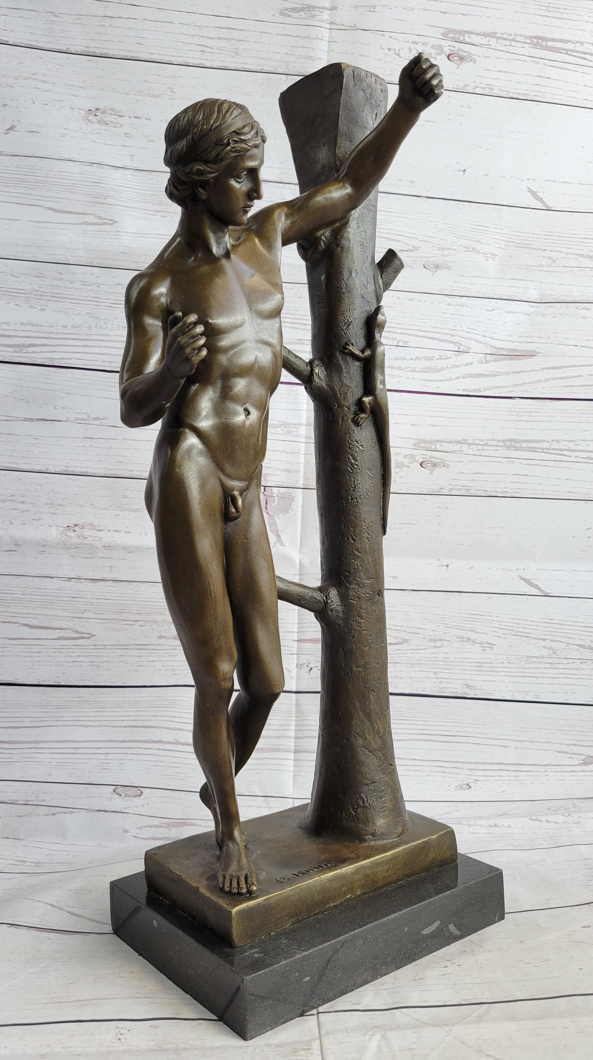 Nude Man Male Leaning Against Tree Bronze Statue Sculpture after Nisini 21" x 9"