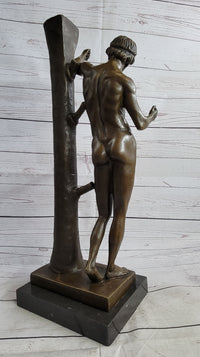 Nude Man Male Leaning Against Tree Bronze Statue Sculpture after Nisini 21" x 9"