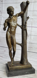 Nude Man Male Leaning Against Tree Bronze Statue Sculpture after Nisini 21" x 9"