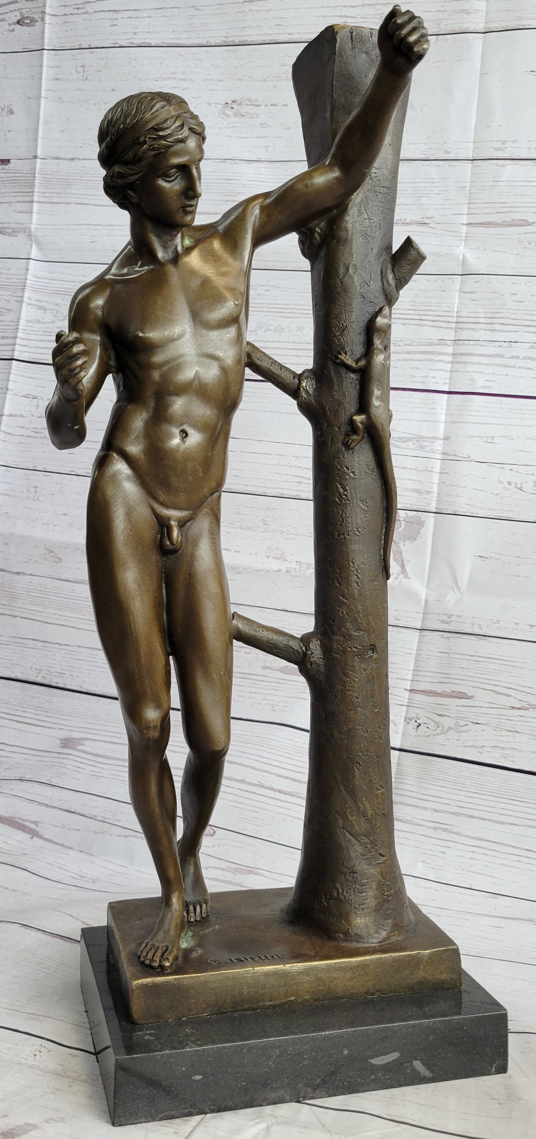 Nude Man Male Leaning Against Tree Bronze Statue Sculpture after Nisini 21" x 9"