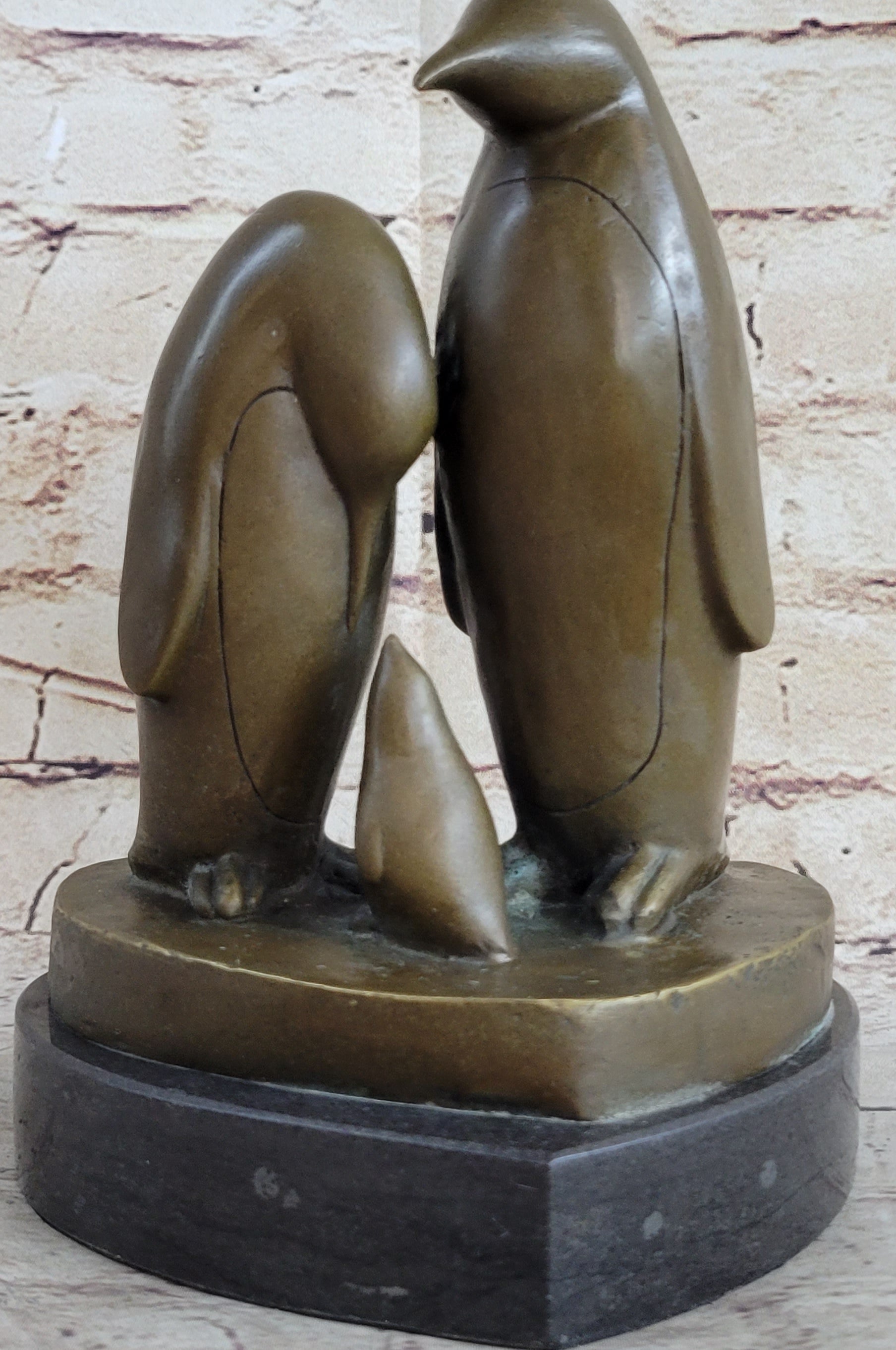 Penguin Family on Heart Shaped Marble Base Bronze 8" x 6"