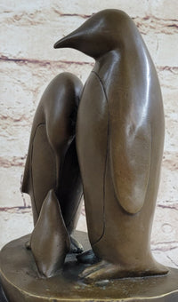 Penguin Family on Heart Shaped Marble Base Bronze 8" x 6"