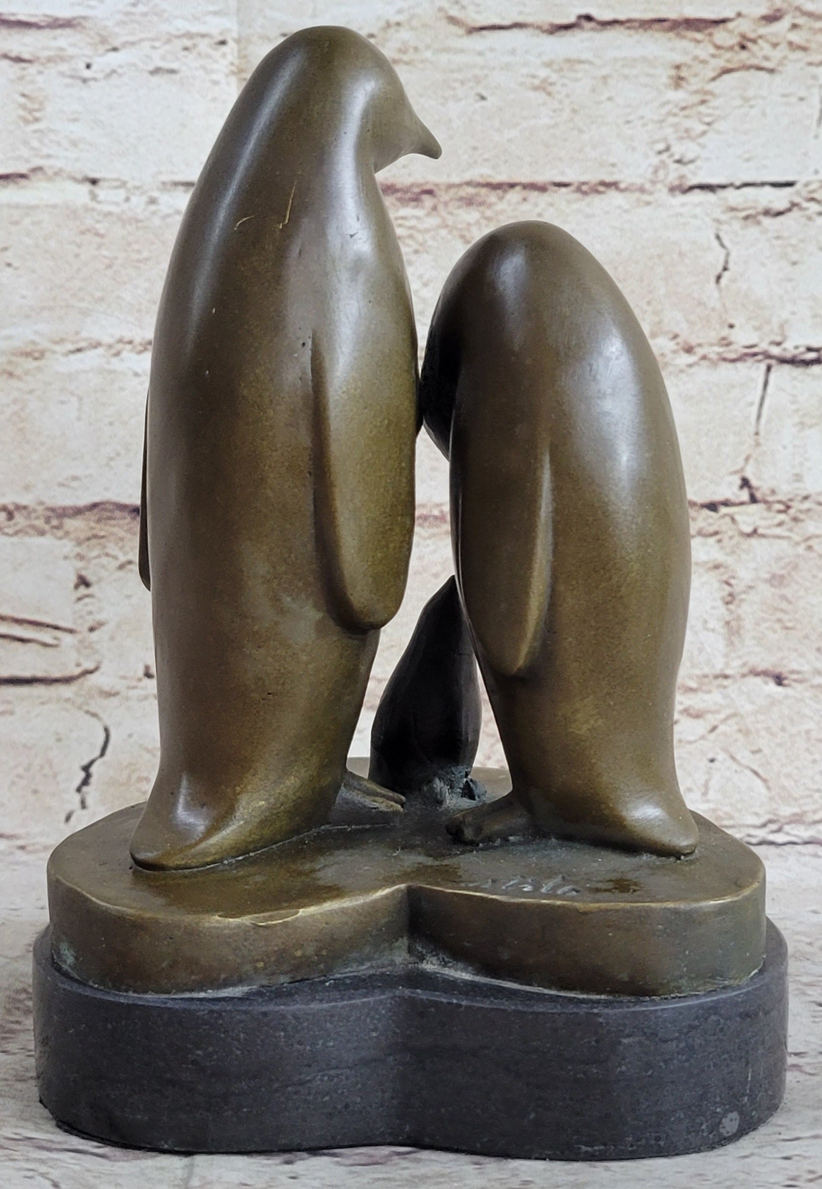 Penguin Family on Heart Shaped Marble Base Bronze 8" x 6"