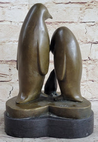 Penguin Family on Heart Shaped Marble Base Bronze 8" x 6"