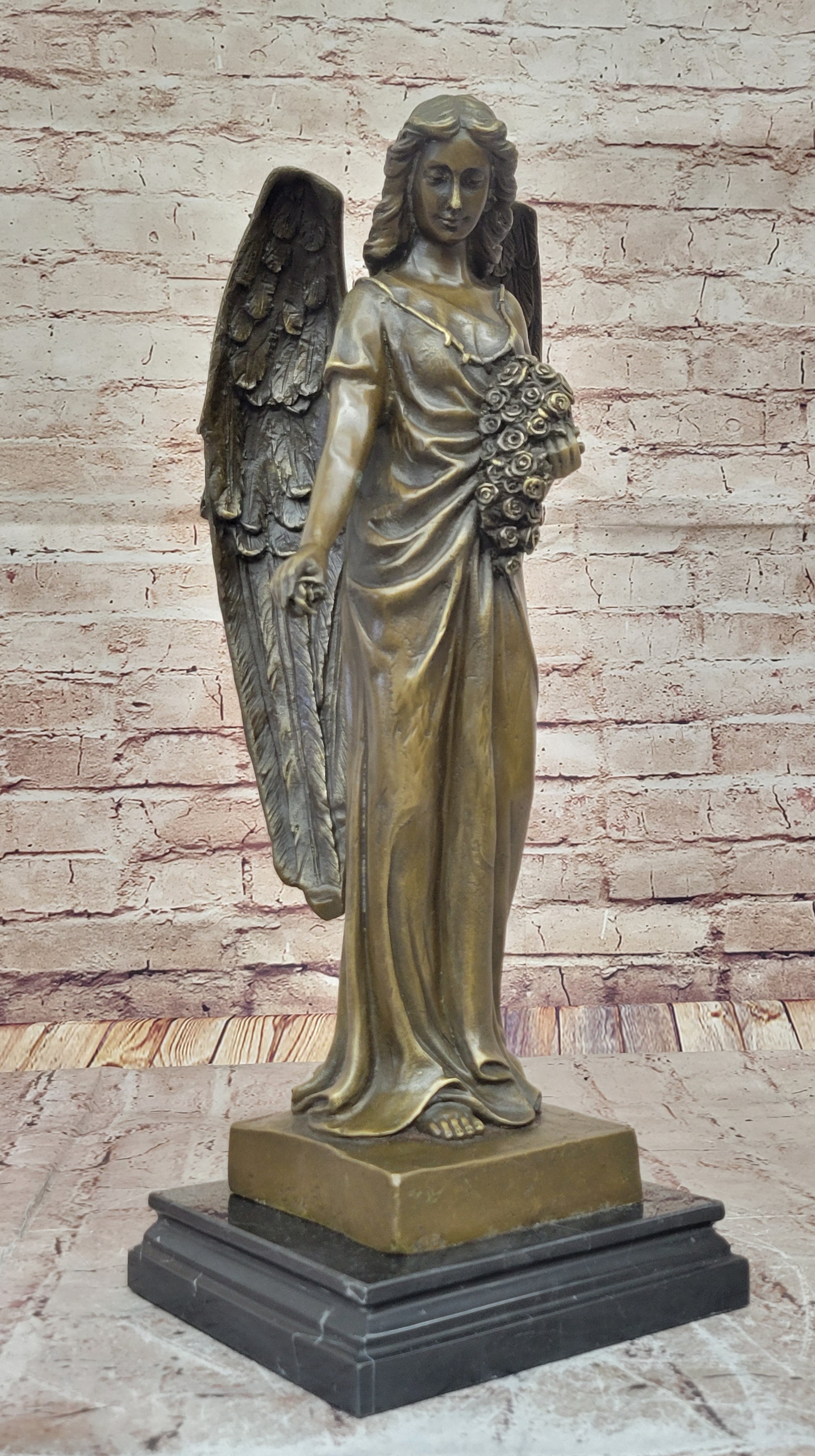 Bronze Angel with Roses – Winged Sculpture