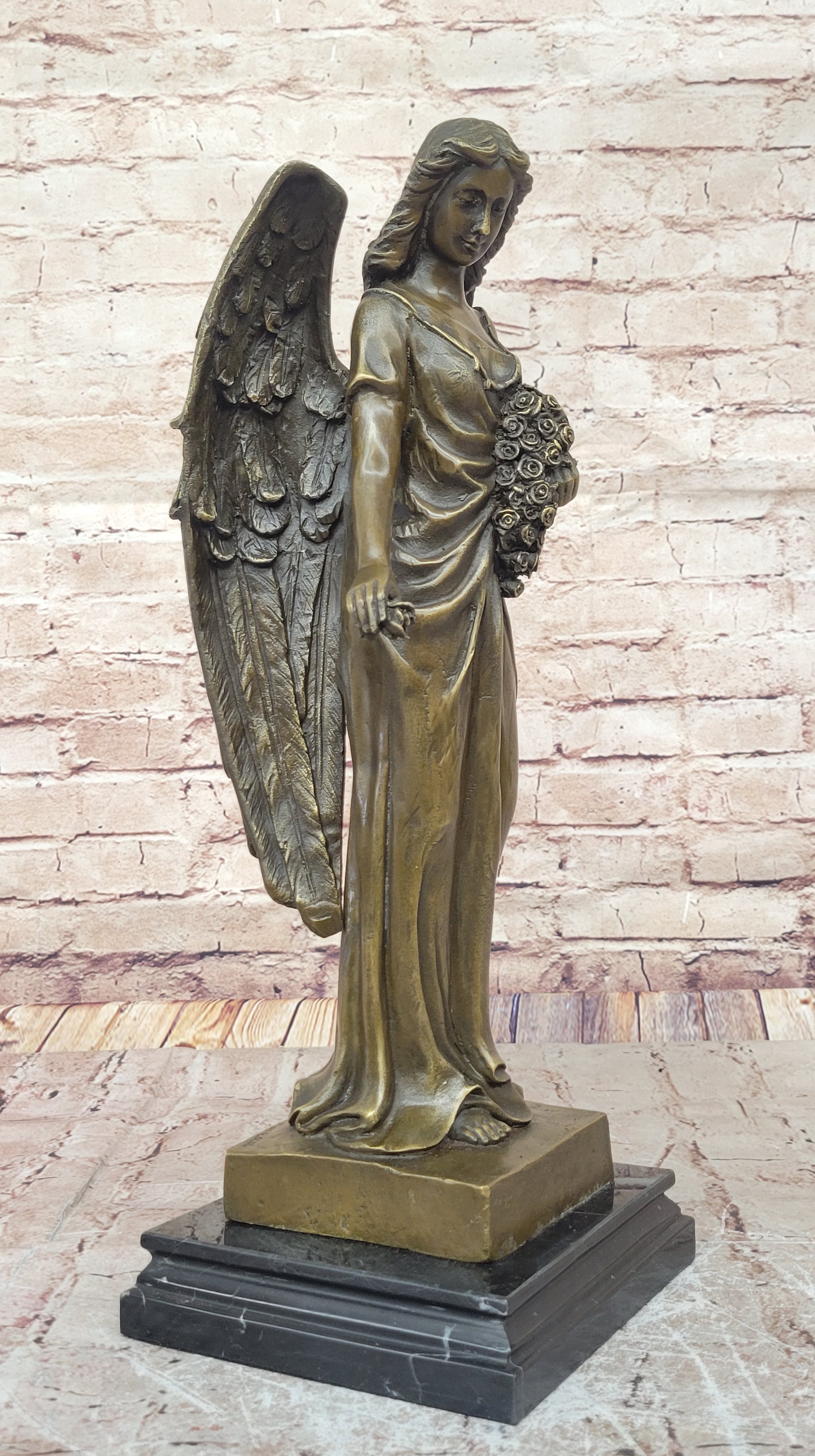 Bronze Angel with Roses – Winged Sculpture