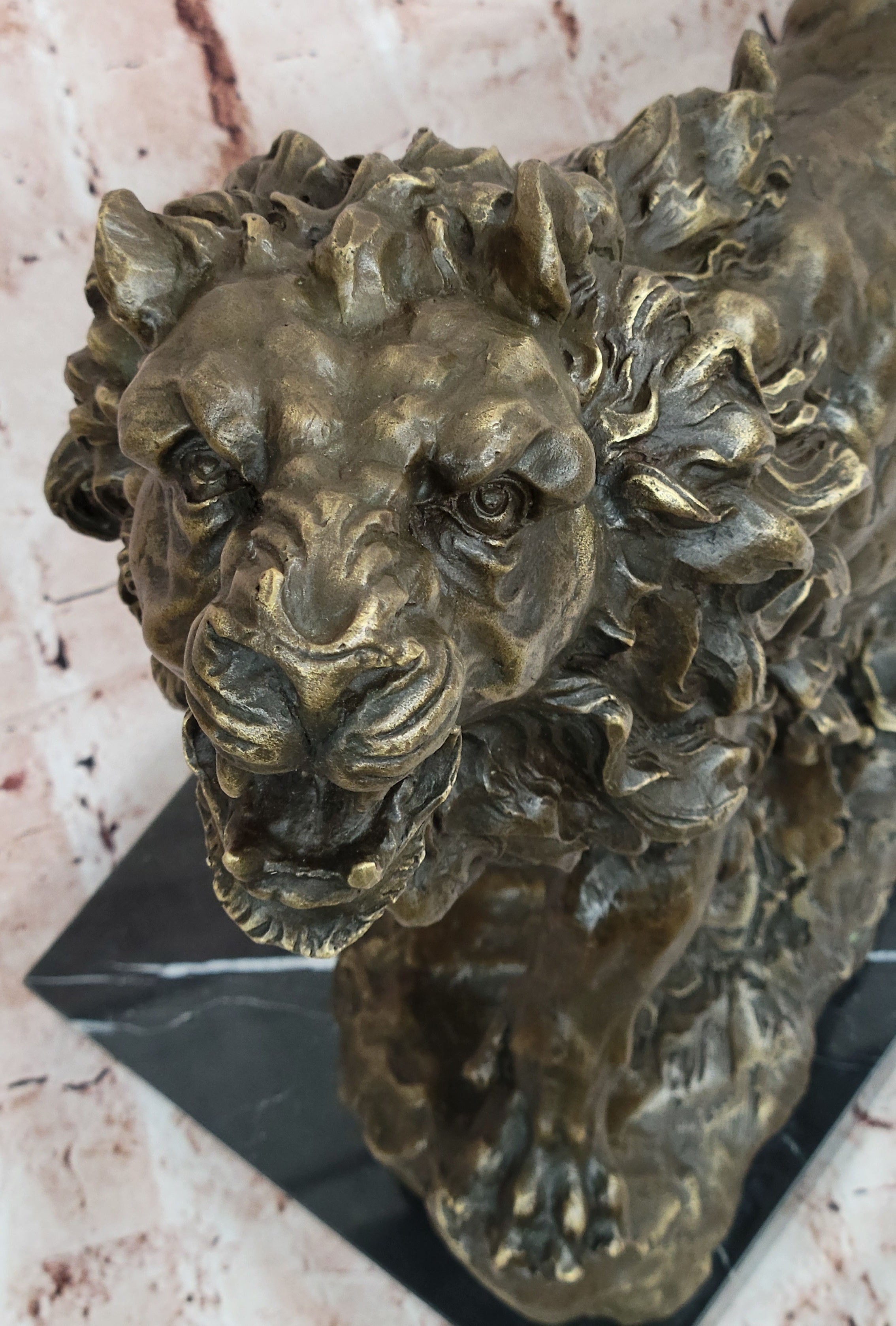 Bronze Lion Roaring – Wildlife Sculpture on Marble Base