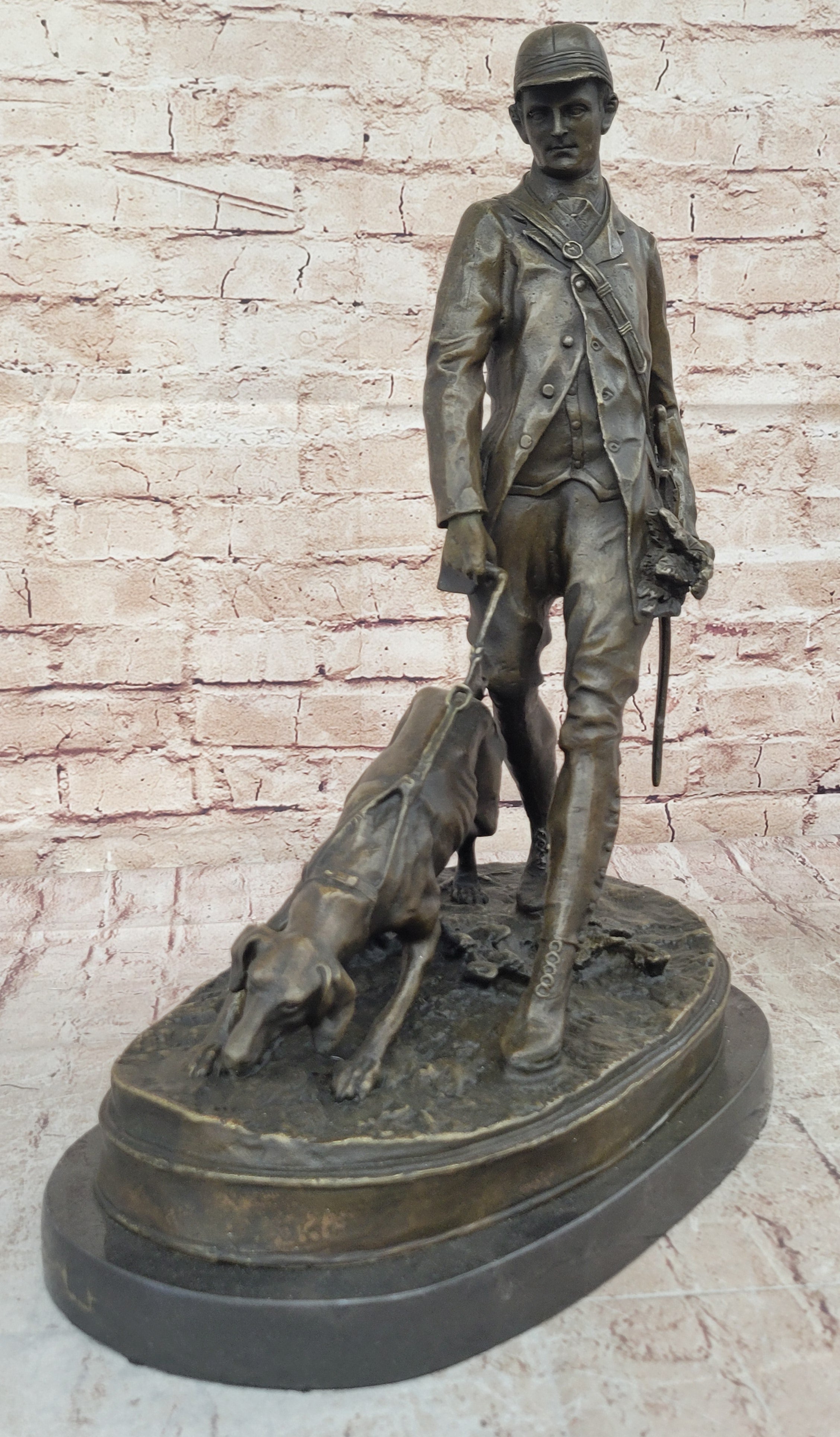 Aldo Vitaleh Hunter and Dog Bronze Marble Base Sculpture