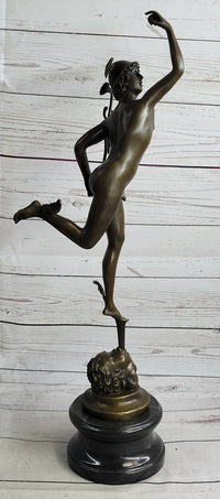 NUDE FLYING MERCURY BRONZE STATUE MARBLE BASE SCULPTURE ART DECO ROMAN MYTHICAL