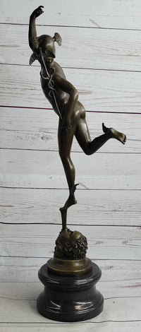 NUDE FLYING MERCURY BRONZE STATUE MARBLE BASE SCULPTURE ART DECO ROMAN MYTHICAL