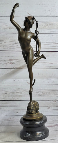 NUDE FLYING MERCURY BRONZE STATUE MARBLE BASE SCULPTURE ART DECO ROMAN MYTHICAL