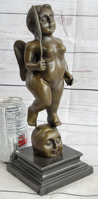 Fernando Botero Winged Nude Angel Woman Standing on Head Bronze Sculpture Statue Marble Base